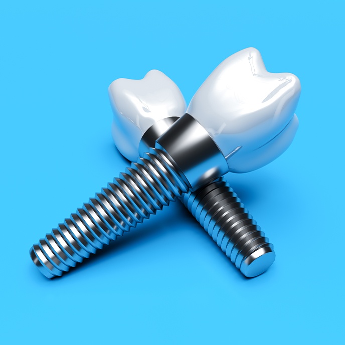 Two animated dental implant supported replacement tooth