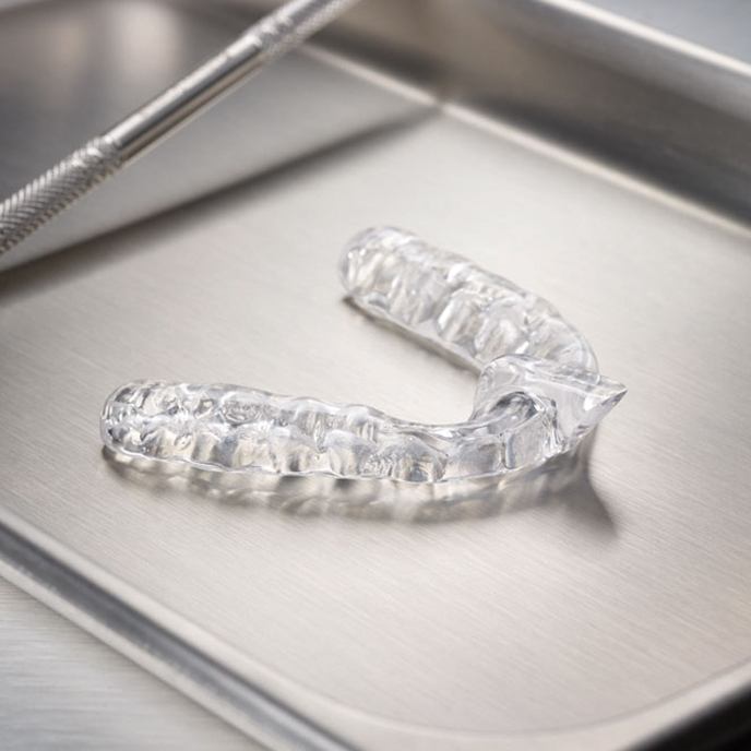 Clear nightguard for bruxism on metal tray