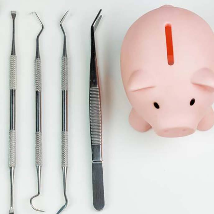 Piggy bank next to dental tools representing cost of dental emergencies in St. Johns, FL