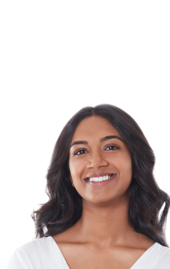 Smiling woman with long dark hair wearing white blouse