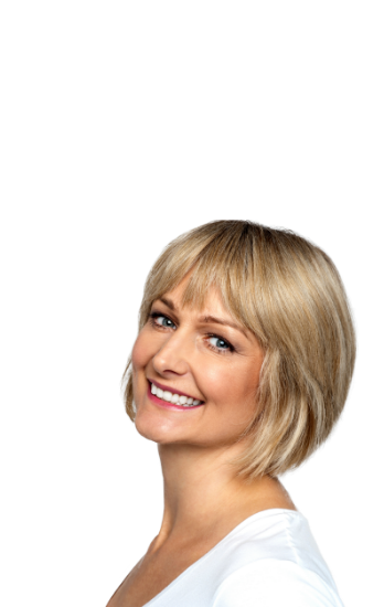 Smiling woman with short blonde hair wearing white blouse