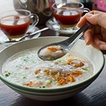 A closeup of a bowl of porridge